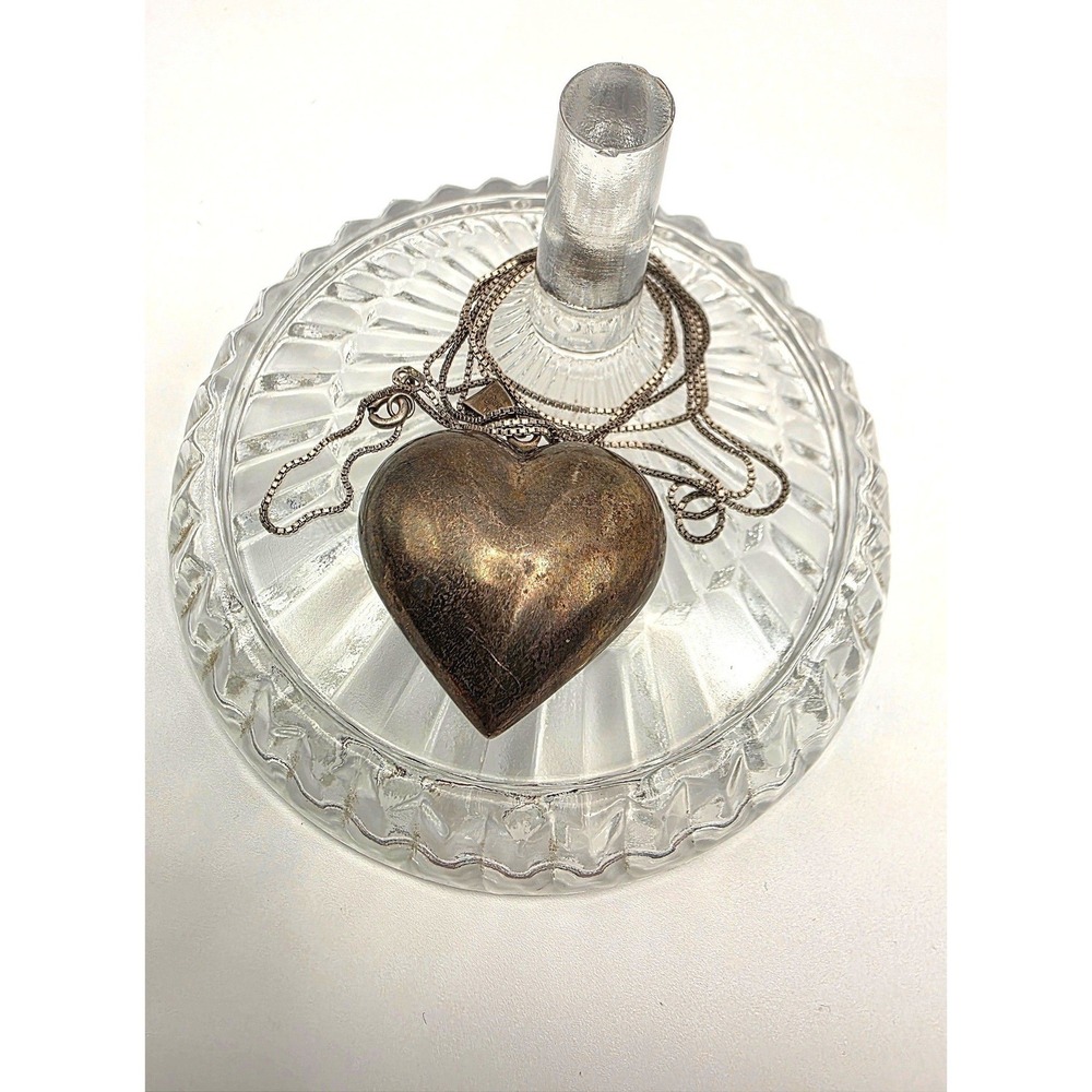 Vintage Puffy Heart Pendant Necklace Sterling Large 3D Heart 15" Chain 1.25in